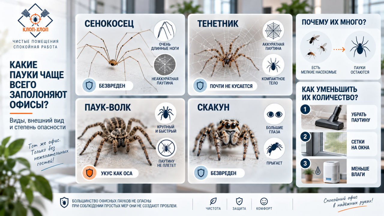 Какие пауки чаще всего заполоняют офисы: виды, внешний вид и степень опасности